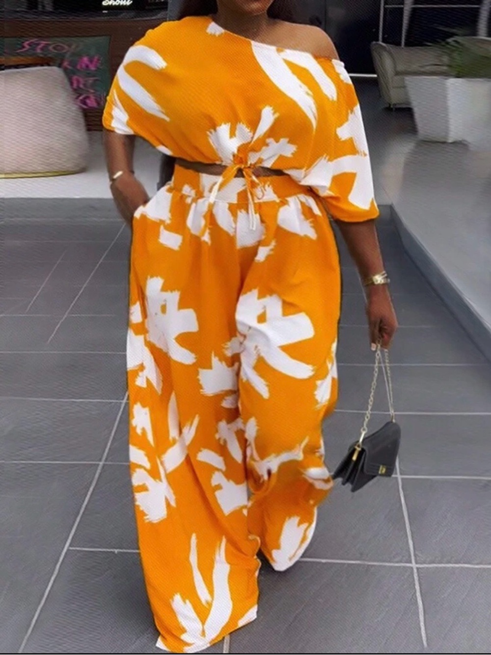 SHEIN Orange & White Off-Shoulder Wide-Leg Jumpsuit